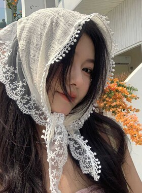 网红蕾丝镂空头巾女包头法式田园白色三角巾夏季海边时尚方巾辣妹