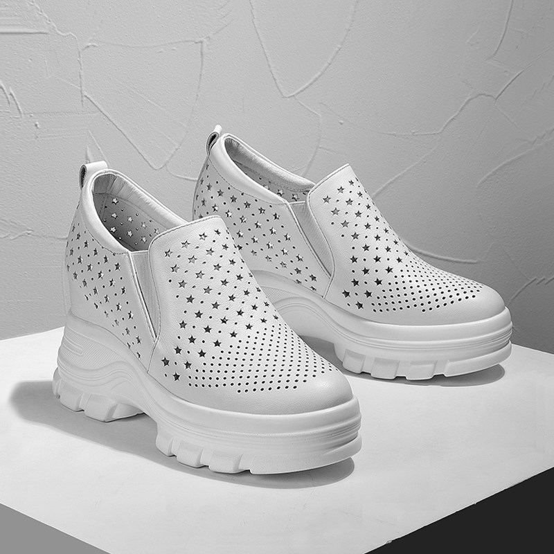 内增高9CMf松糕鞋女春夏镂空真皮休闲百搭一脚蹬厚底坡跟小白鞋