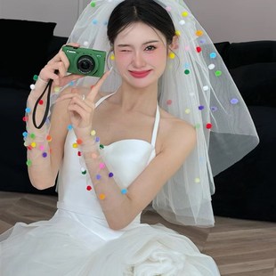 头纱新娘主婚纱高级感高清长头纱摄影拍照造型韩式写真轻头饰领证