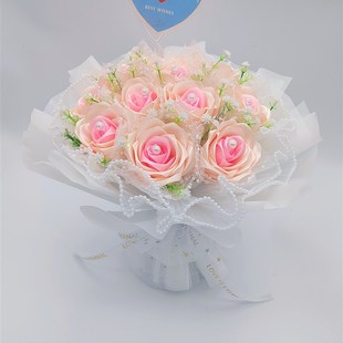 11支丝带玫瑰花布花手工成品花碎冰蓝圣诞节儿童节毕业礼品花束