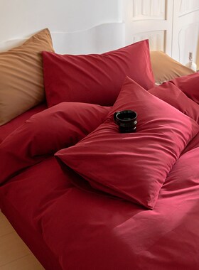 高级感红色婚庆h秋冬保暖磨毛床上四件套纯棉简约床单被套1.8m床