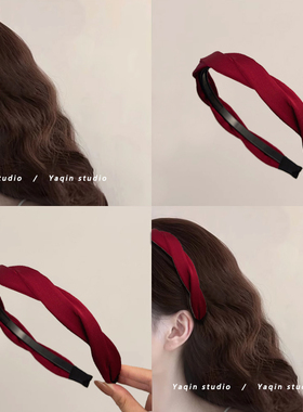 玫瑰红色!绸缎h麻编织发箍!高颅顶头箍女2024新款宽边带齿头箍女