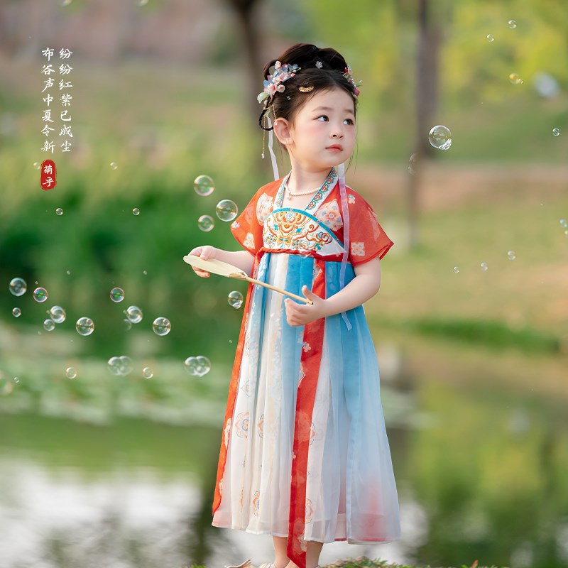 汉服女童2025新款夏款薄款短袖儿童国风公主连衣裙女孩演出表演服