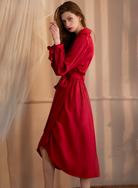 红色伴娘晨袍新娘l高级感长款结婚睡衣婚礼冰丝绸睡袍女春夏季婚