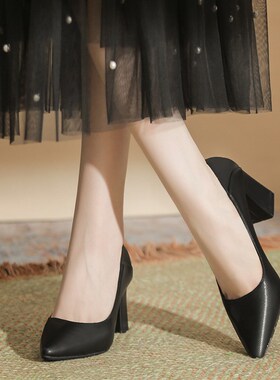 小码女鞋313233单鞋黑色高跟鞋粗跟工装职业工作鞋脚宽V大码41一4