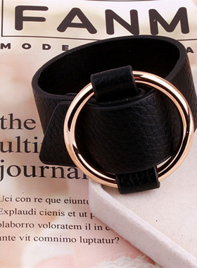 外销经典款金色大j圈PU皮质手环可调节遮伤疤夸张大气手镯小众设