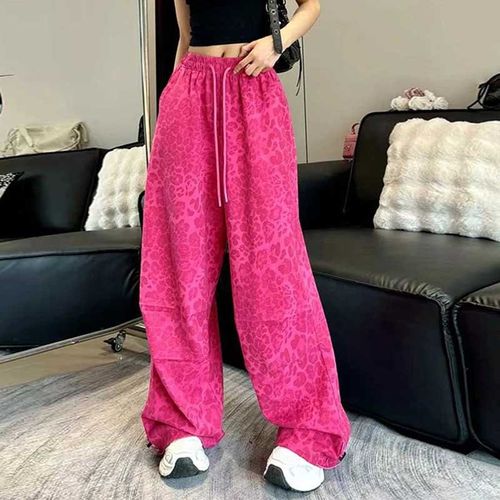 韩系新款秋款休闲阔腿裤女豹纹图案时尚抽绳松紧高腰直筒拖地裤子