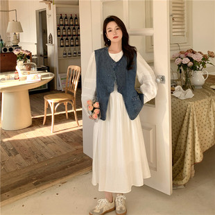 孕妇高级感 春秋宽松大码 裙子配马甲两件h套连衣裙套装 女2024新款