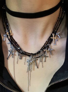 又佛又上帝 高级感多层十字架流苏项链暗黑O风锁骨链小众设计感潮