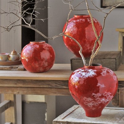 新中式国潮复古红色手作陶罐花瓶家居客厅别墅高级感陶瓷装饰摆件