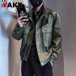 高端皮衣男士 高級感加絨加厚機車PU皮夾克男 2024新款 外套j秋冬季
