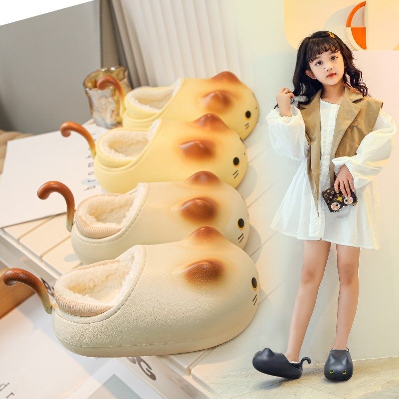 猫咪女童棉拖鞋卡通冬季室内防滑防水宝宝儿童毛拖鞋女款亲子包跟