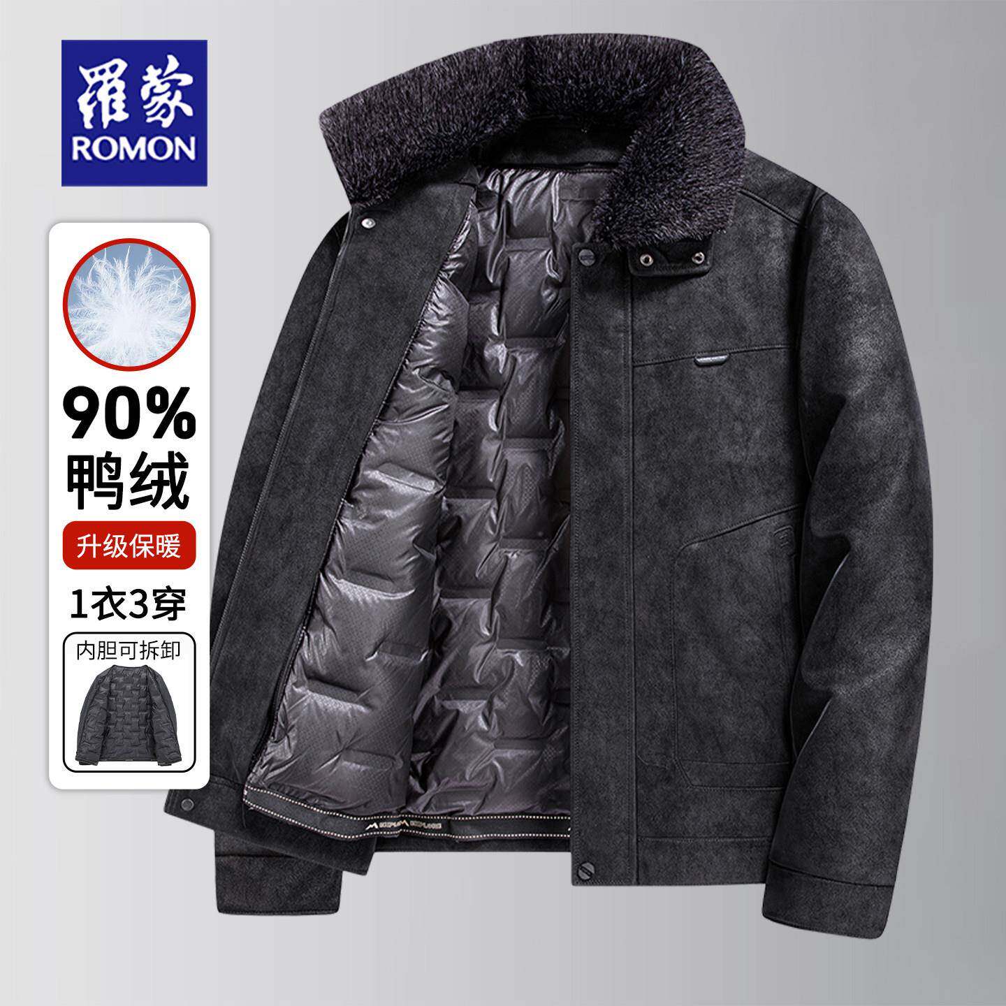 罗蒙皮衣男冬季加厚可脱卸羽绒内胆防寒保暖中老年皮夹克冬装外套