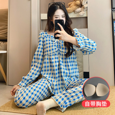 日本品质云朵棉睡衣女春秋季新款带胸垫韩系甜美公主风长袖长裤家