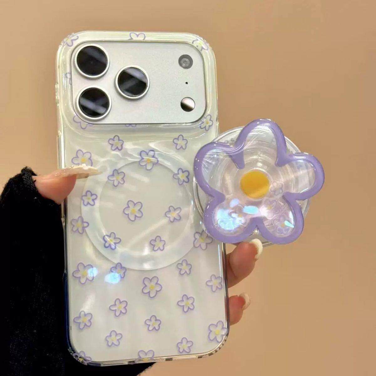 简约银底满屏紫色线条花朵适用于iphone17promax苹果手机壳15新款