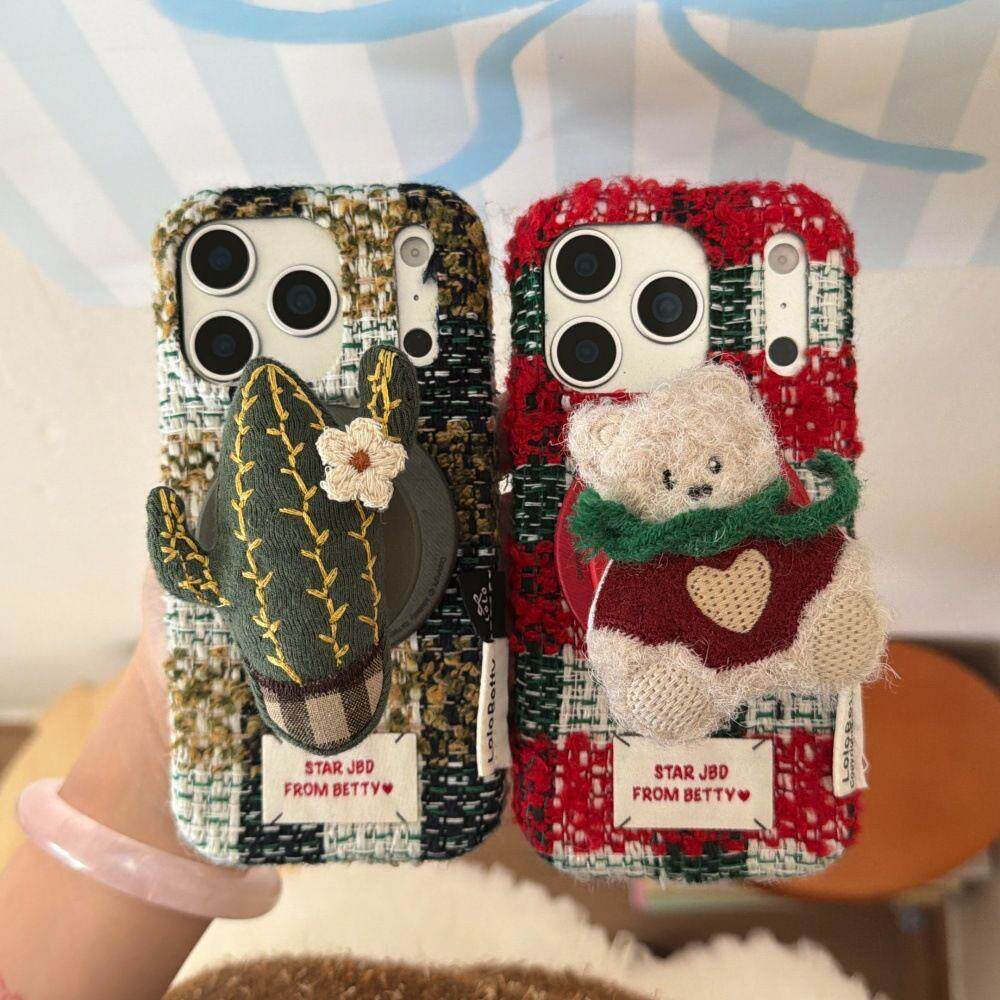 撞色格纹磁吸手机壳适用苹果17/16PRO卡通小熊支架iPhone15/14PRO