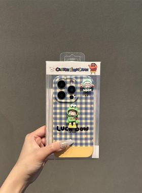 蓝色格纹青蛙女孩适用于苹果15promax手机壳15新款14小众13防摔12