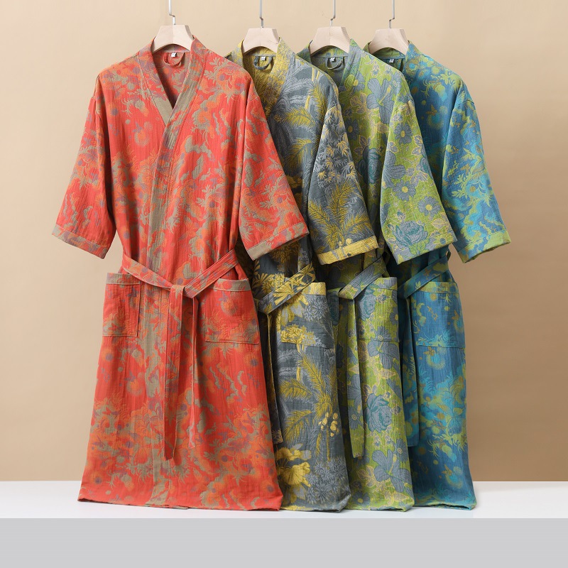 日本品质纯棉双层纱布浴袍A类春夏薄款睡衣家居服睡袍情侣款吸水