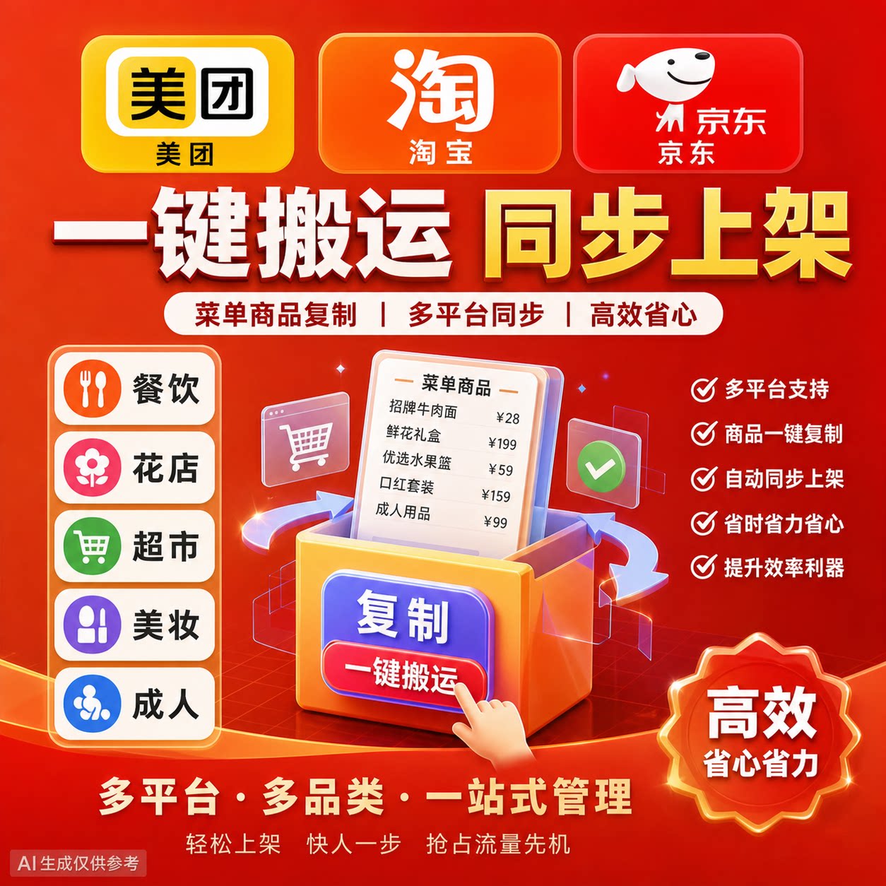 代上商品美团饿了么京东复制餐饮花店超市成人菜单一键搬运上架