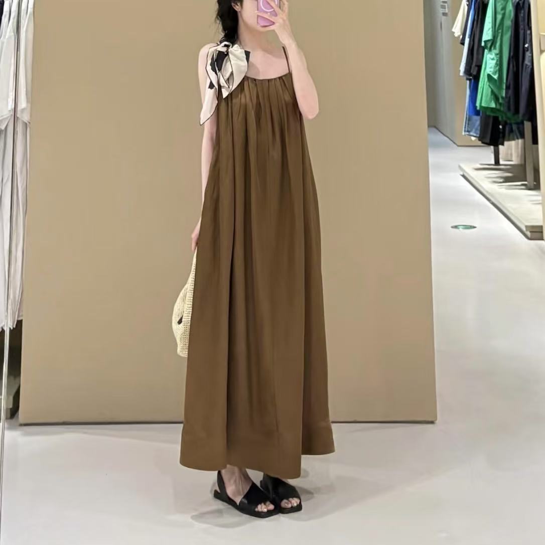 CS女装100苎麻纯色吊带裙褶裥