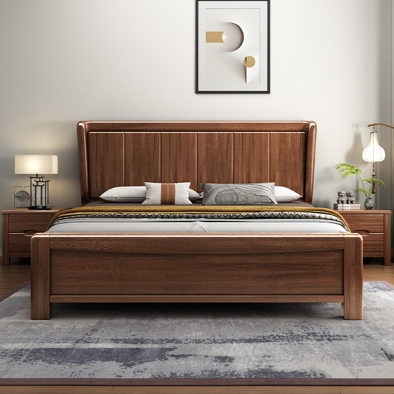 天坛家具简约现代胡桃木实木床1米8北欧双人主卧大床气压高箱储物