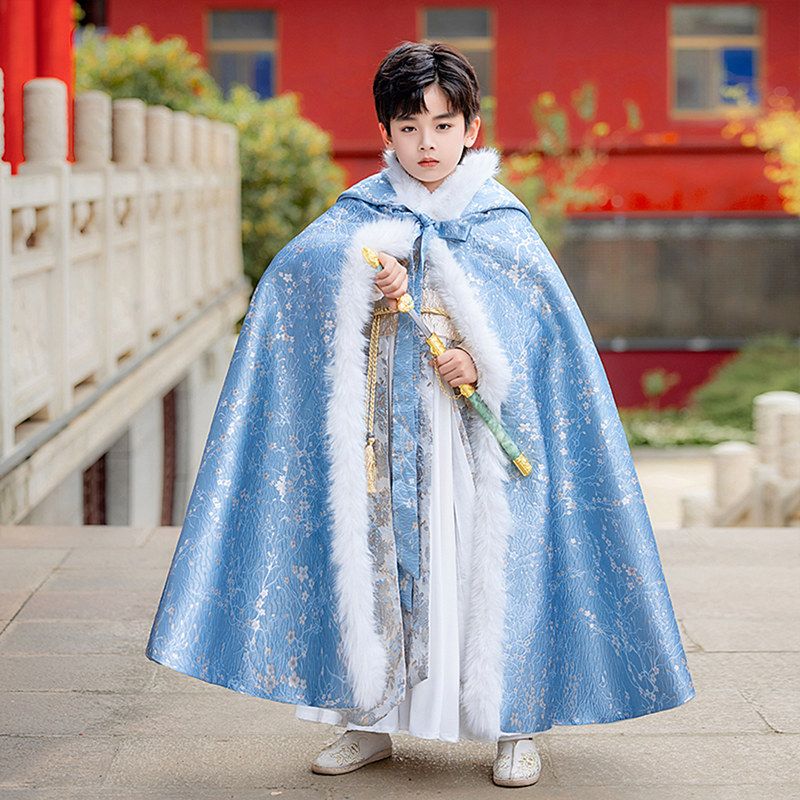 披风汉服保暖拜年儿童秋冬中国风外出长款服斗篷外套男童披肩男孩