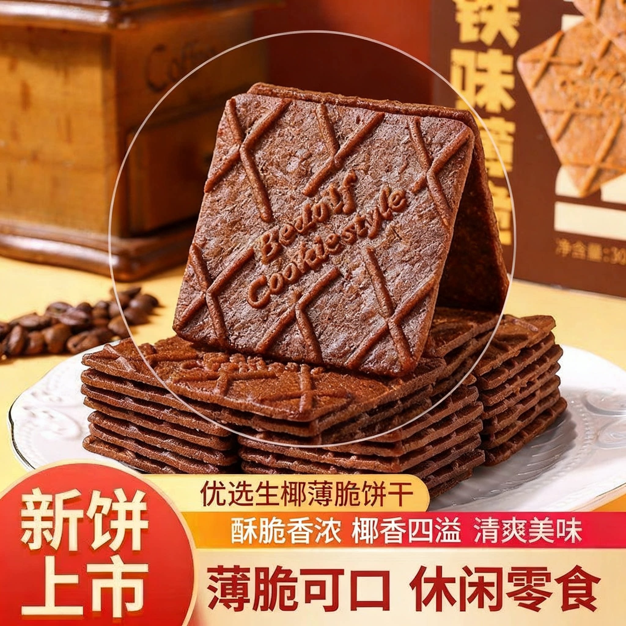 地道生椰拿铁风味薄脆饼干薄脆大片椰香浓郁咖啡回甘解馋薄脆饼干