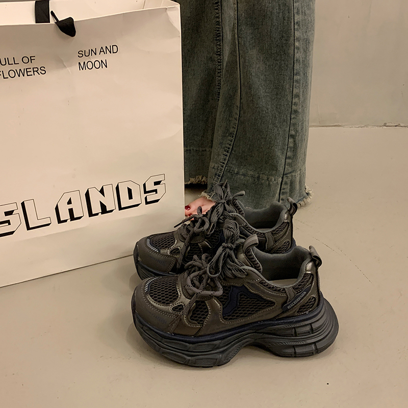 小怪兽厚底百搭潮流运动鞋女2025新款休闲增高系带拼色户外老爹鞋