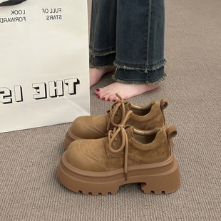 实拍现货磨砂皮英伦风厚底乐福鞋女系带圆头百搭增高鞋松糕鞋女