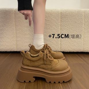 女 显瘦复古单鞋 实拍小个子英伦风厚底增高乐福鞋 女百搭系带松糕鞋