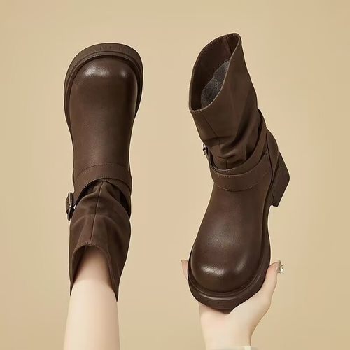 2025新款加绒简约高级感棕色粗跟小短靴女冬季百搭瘦瘦靴堆堆靴