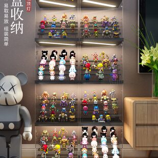 带灯展示盒盒子泡泡玛特盲盒高清置物架亚克力黑色梯阶小手办收纳