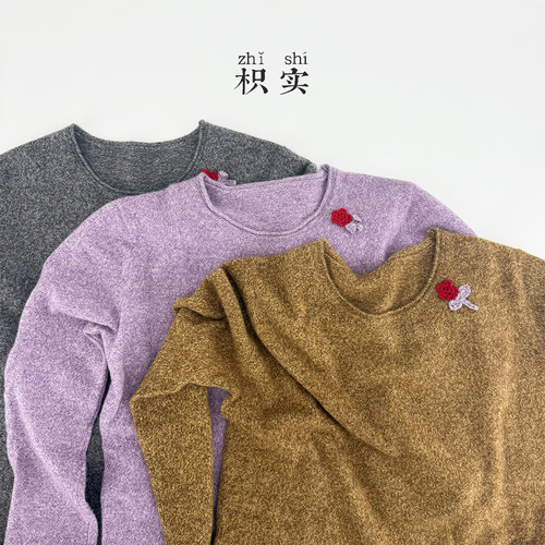 100山羊绒打底衫手工编织花朵点缀装饰毛衣圆领套头