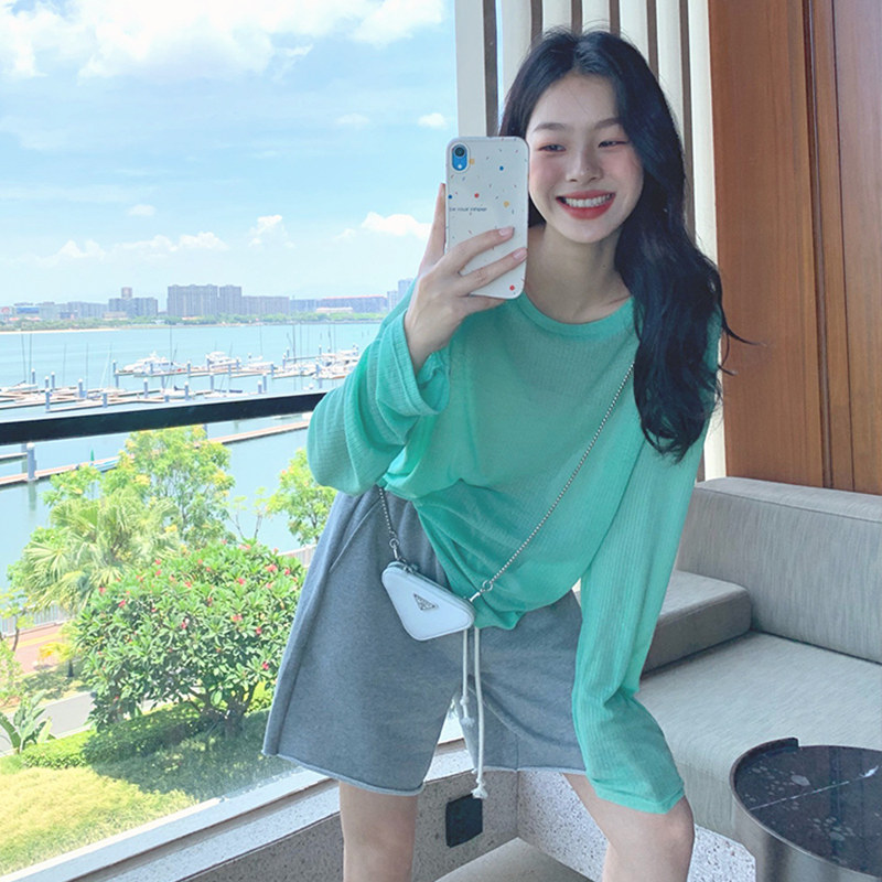绿色冰丝针织衫女夏季薄款长袖防晒t恤外搭空调罩衫宽松短款上衣