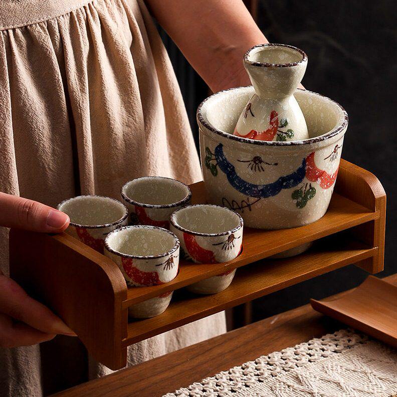 复古加厚釉下彩手绘工艺陶瓷清白酒杯具温酒壶套装餐厅展示木架