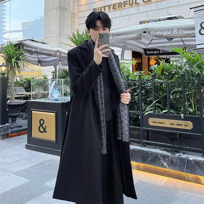 秋冬季中长款过膝风衣男款韩版宽松加厚毛呢大衣男士加厚呢子外套