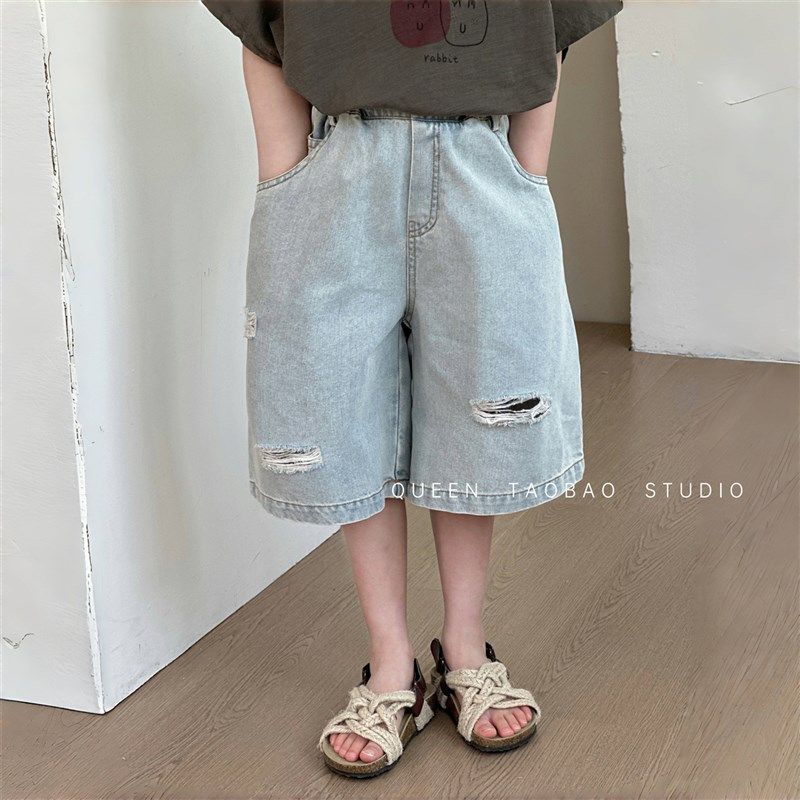 韩国男女童复古破洞牛仔短裤2025夏季新品宝宝百搭软糯牛仔五分裤