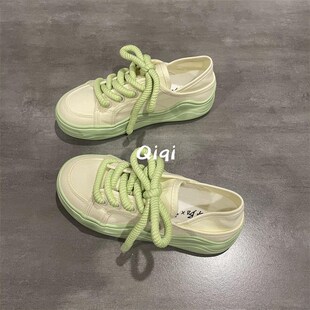 七七主人家薄荷绿女鞋夏季透气半拖板鞋可踩两穿帆布鞋Z女厚底增