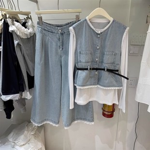 蓝色蕾丝拼接牛仔马甲背心九分阔腿裤时尚套装女春夏小个子三件套