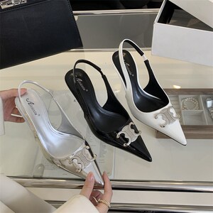 高跟鞋女202i4新款春季银色细跟尖头浅口后空法式猫跟通勤百搭单