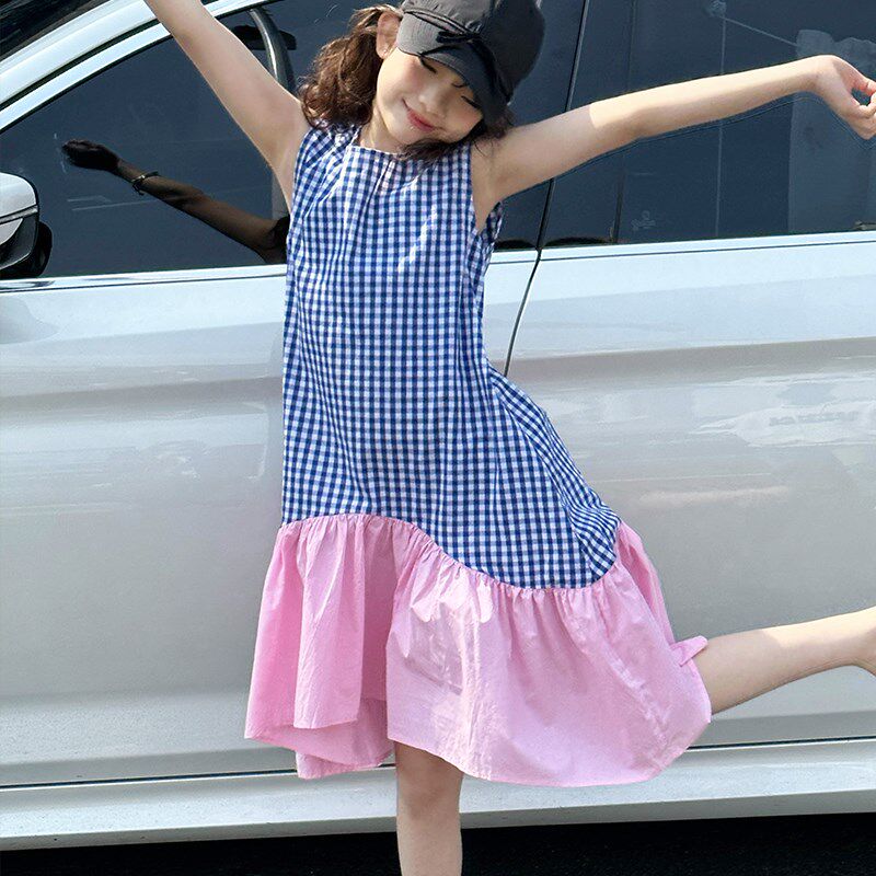女童格子连衣裙2024新款大童夏装公主裙韩系穿搭儿童夏款拼色裙子