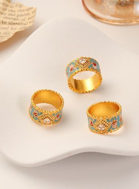 新中式时尚个性复古滴油锆石花朵戒指女小众高级轻奢简约气质指环