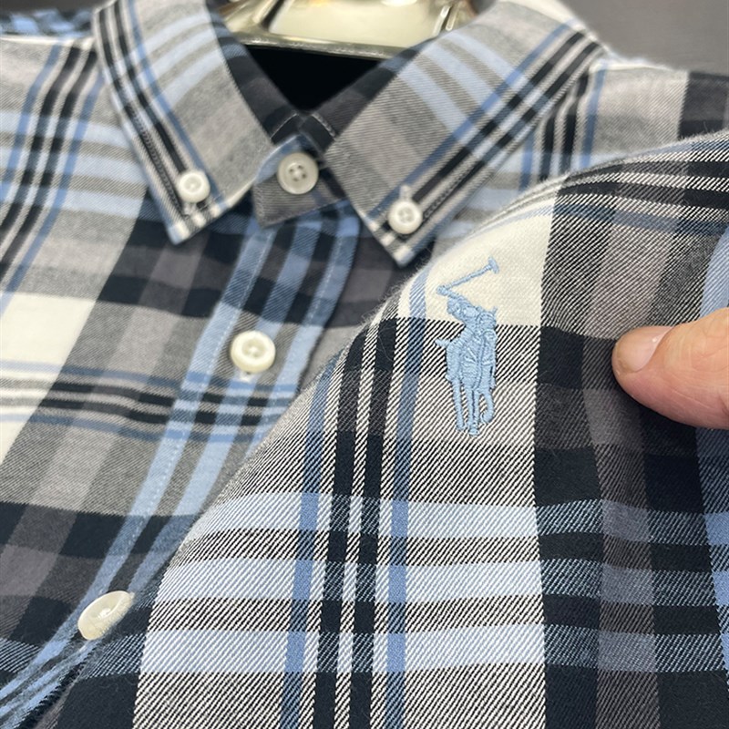 100%纯棉!高品质!长袖衬衫男春秋季刺绣格子时尚休闲打底衫衬衣