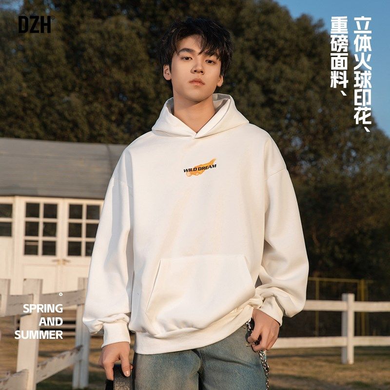 男士白色套头卫衣男重磅连帽2025新款宽松印花上衣百搭外套连帽衫