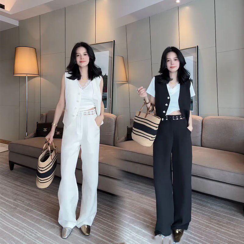 欧货时尚套装女2025春夏新款洋气法式蕾丝美背马甲阔腿阔两件套潮