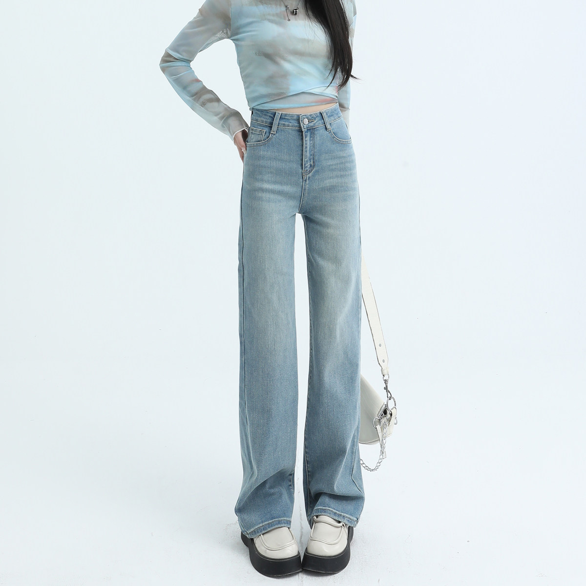 窄版阔腿牛仔裤女2024早秋新款高腰宽松显瘦小个子直筒垂感拖地裤