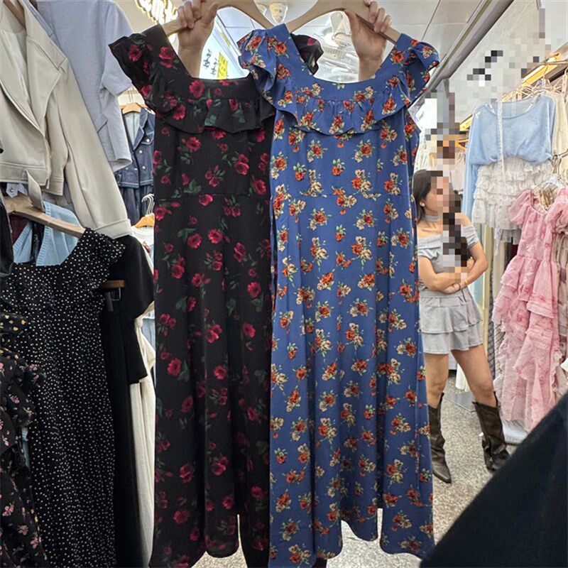 2025韩版休闲百搭设计感小众不规则荷叶边吊带连衣裙女修身显瘦潮