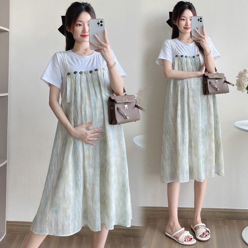 孕妇装夏天裙子中长款网红潮妈夏季薄款假两件宽松遮肚雪纺连衣裙