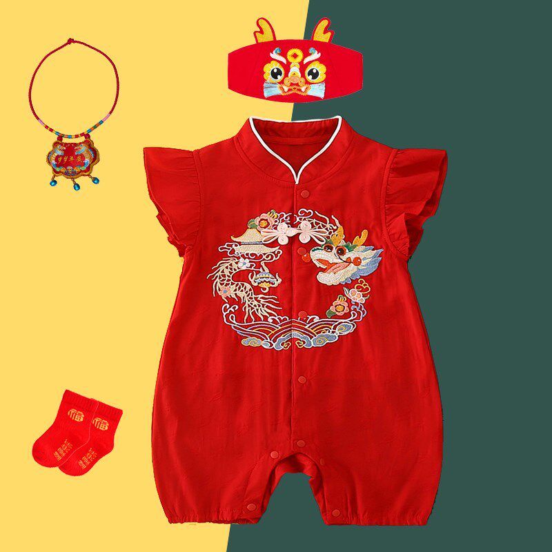 宝宝百天连体衣夏季短袖中国风婴儿满月衣服薄款汉服女童周岁礼服