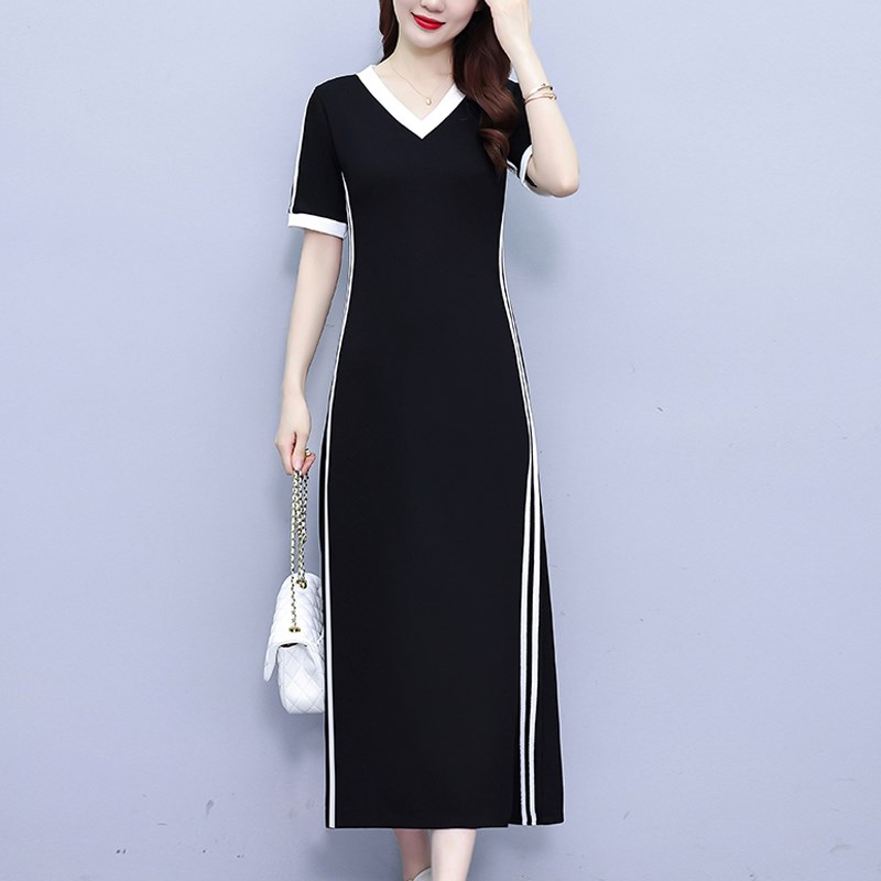 大码黑色V领撞色高腰A字裙子女夏休闲气质减龄收腰显瘦长款连衣裙